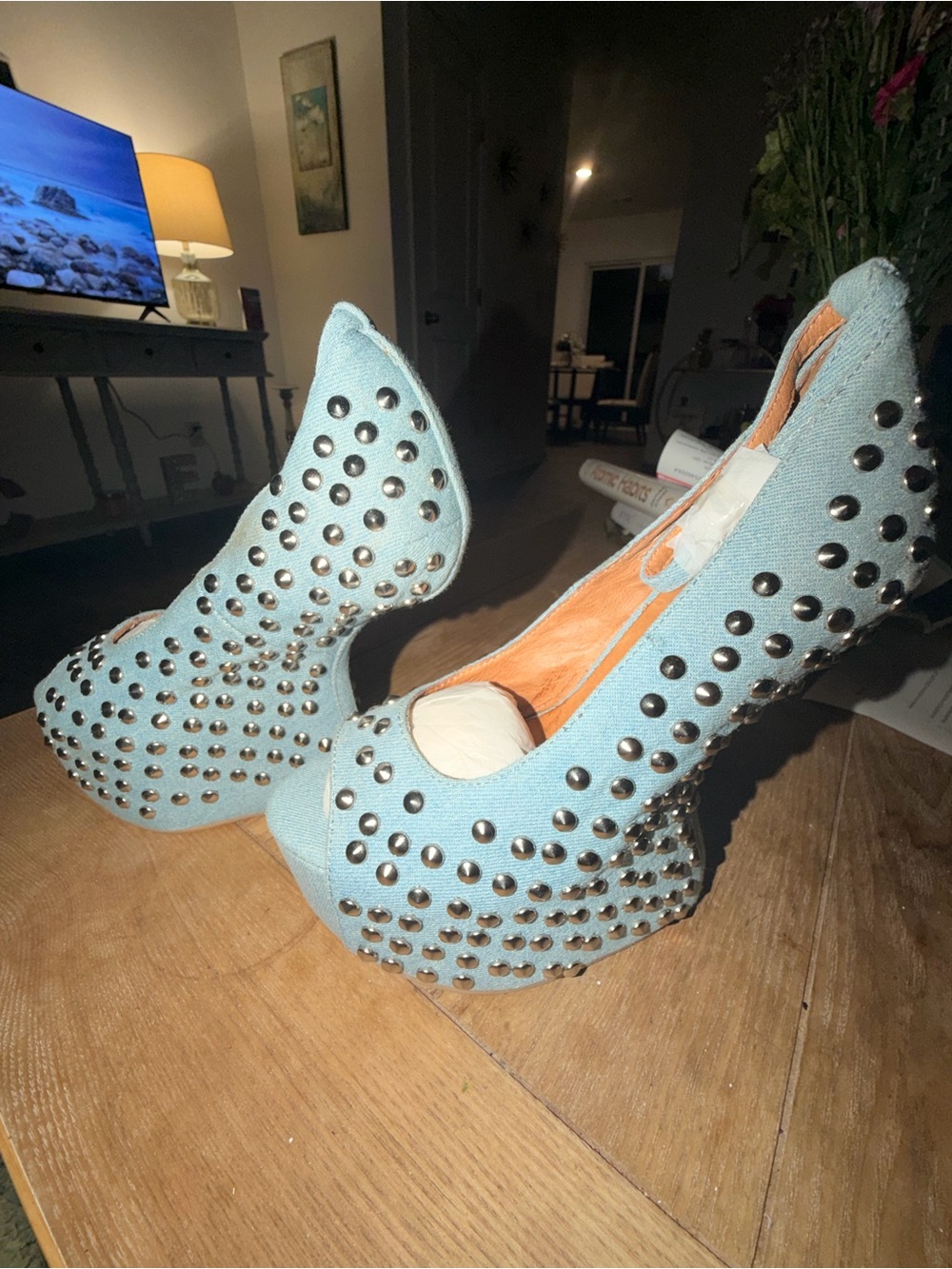 Studded Light Blue Women's Platform Pumps